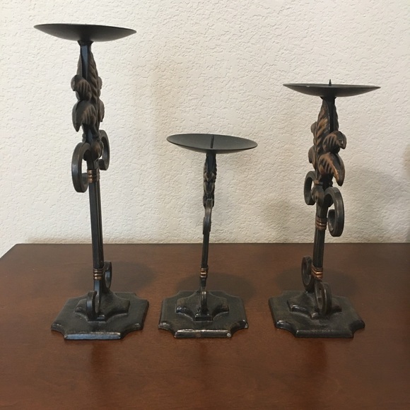Set of (3) Bronze  Iron Candle Holders - Picture 3 of 6
